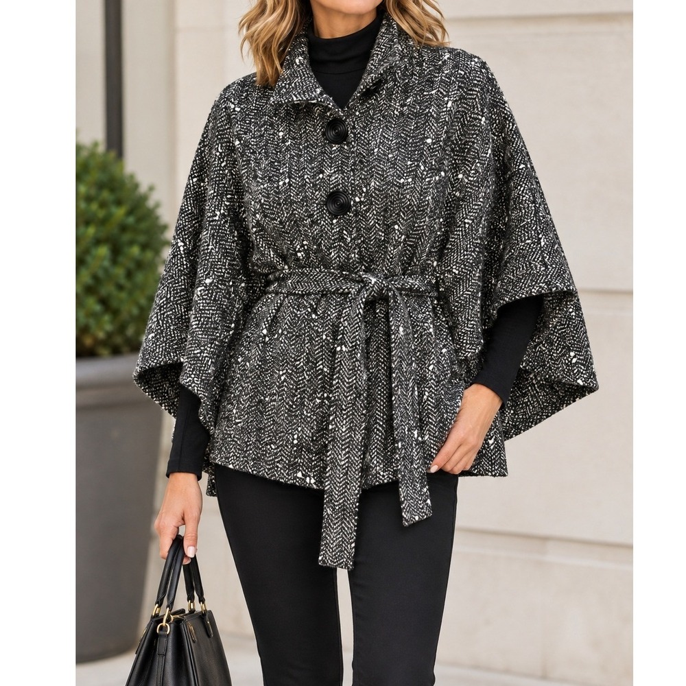Live a Little Womens Herringbone Wool Blend Cape Jacket Black Gray Large Tweed